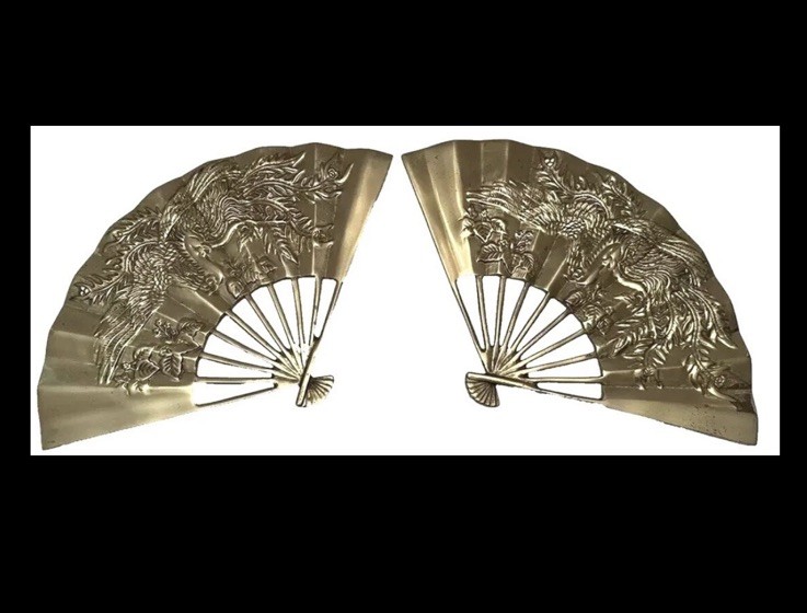 Vintage PAIR Solid Brass Fan Raised Phoenix Dragon Hanging wall Art 