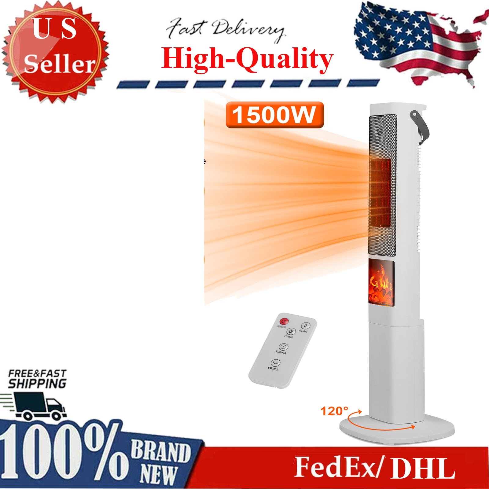 1500W Oscillating Ceramic Tower Space Heater W/ 3D Flame Portable Design