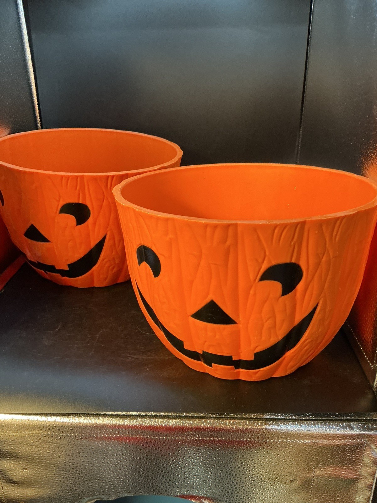 Two Vintage The Mumkins Large 8x11 Jack O Lantern pair Plastic Pumpkin Planter Two Vintage The Mumkins Large 8x11 Jack O Lantern pair Plastic Pumpkin Planter