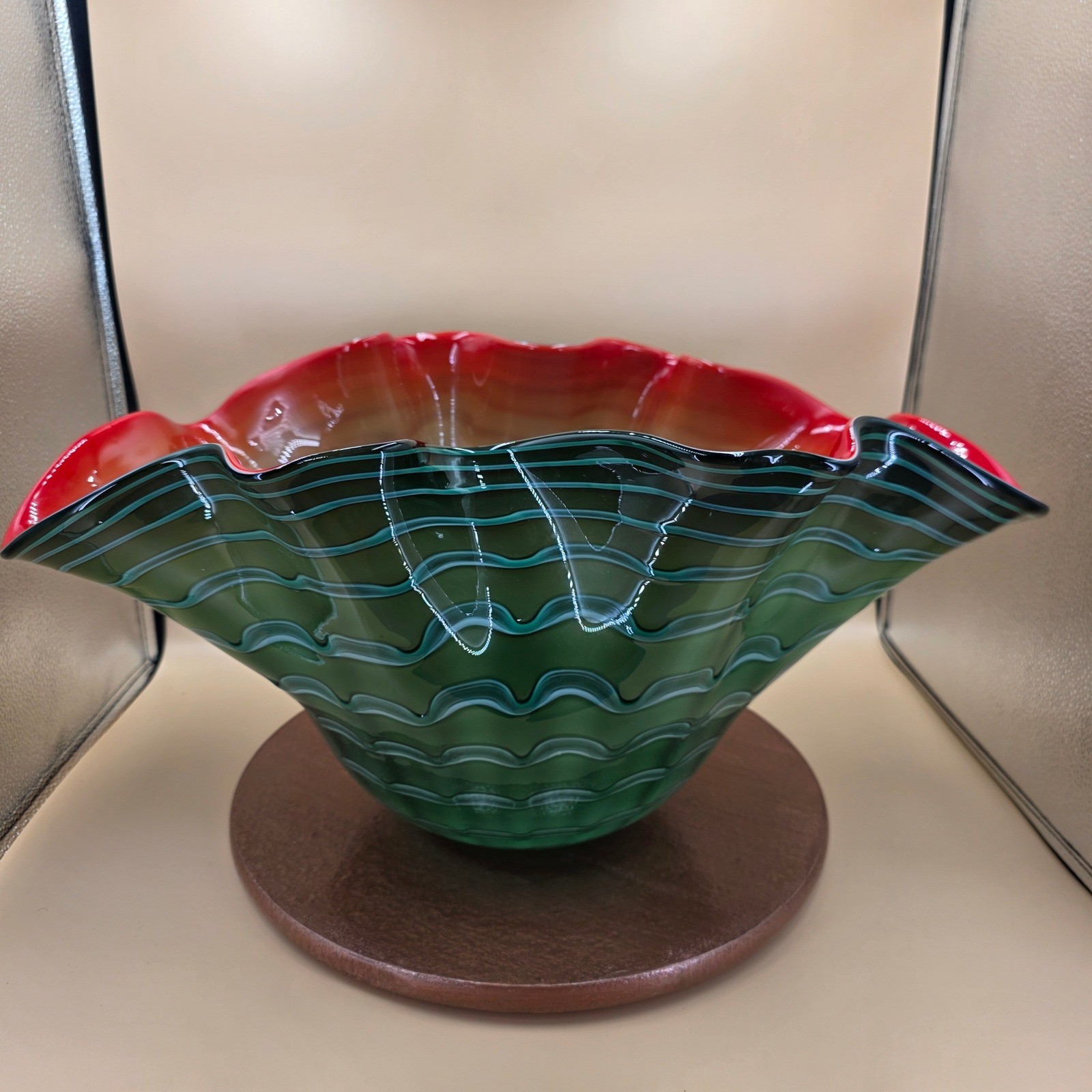 Large Vintage Hand Blown Art Glass Centerpiece Bowl Green Red Ruffled 20 Inch
