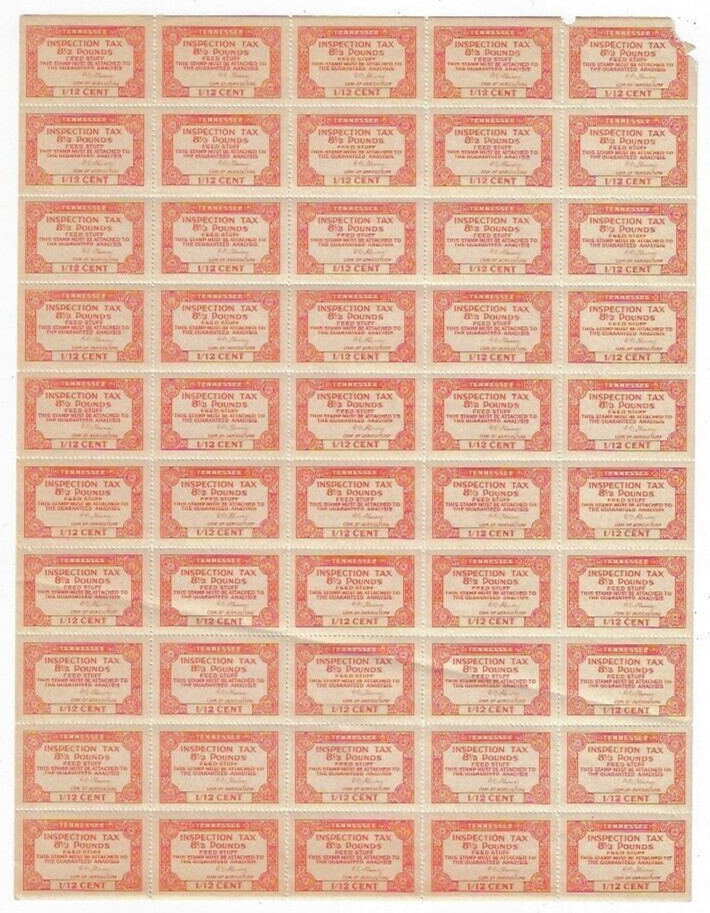 Us 1930S Revenue Tennessee Inspection Tax 8 1/3 Pounds Full Sheet Feed Stuff
