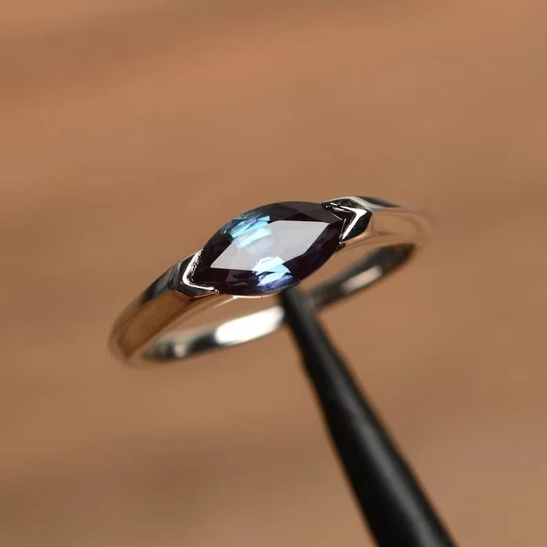Solid 925 Sterling Silver Alexandrite East West Marquise Cut Engagement Ring