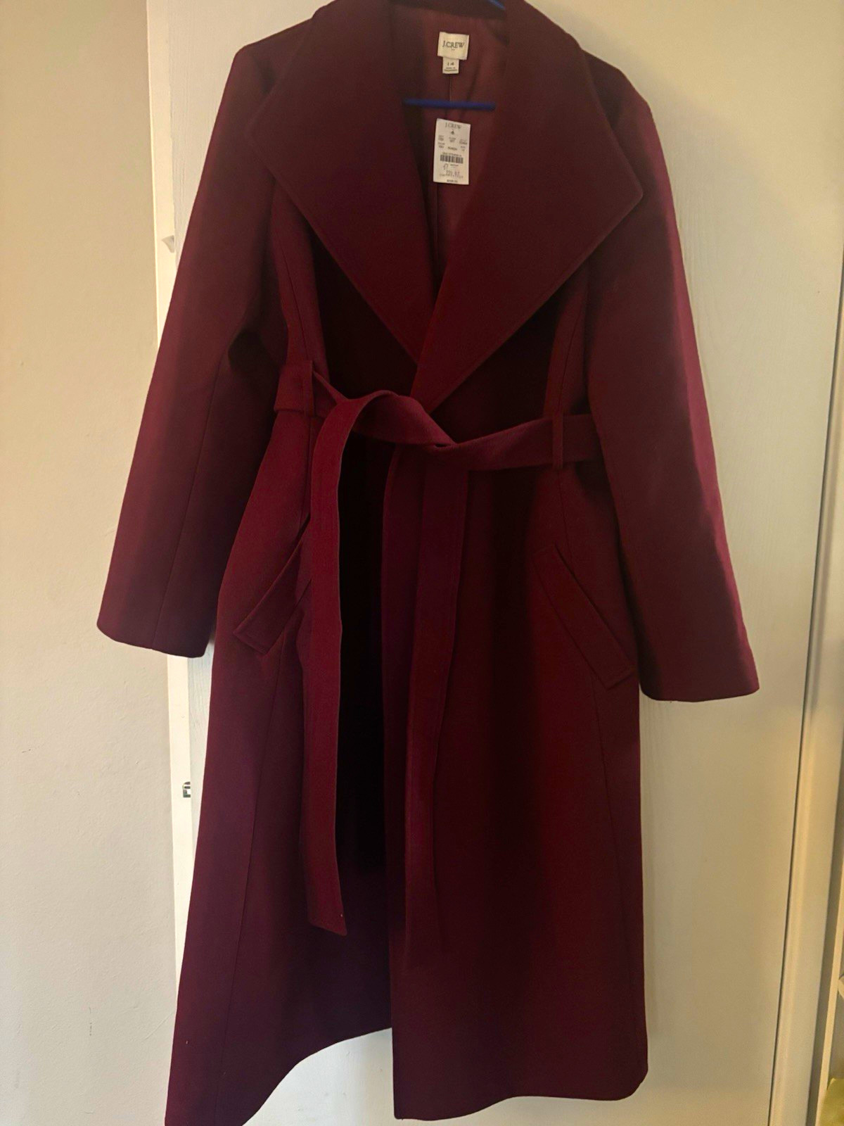 J.CREW Burgundy Wrap Coat Wool Long Belted Pockets Women’s Size 14