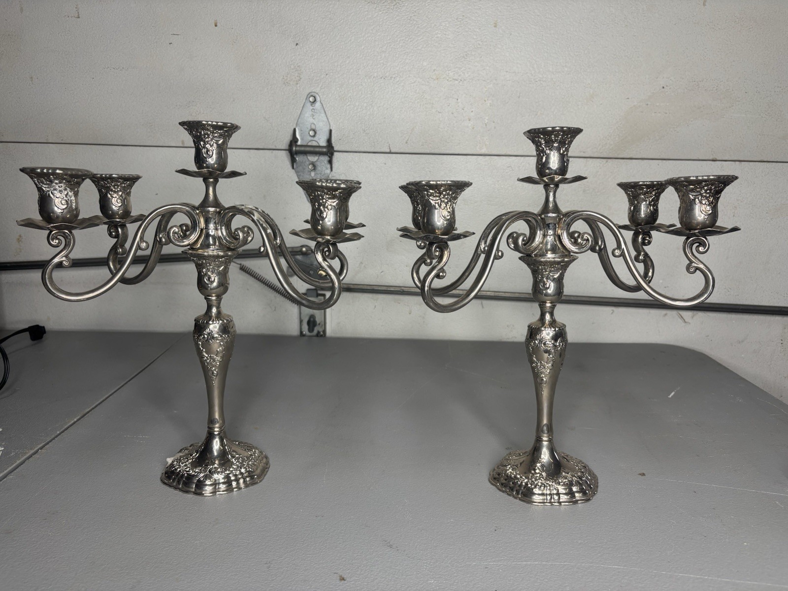 Pair Ornate Antique Silverplate 5-Light Candelabra Candlesticks