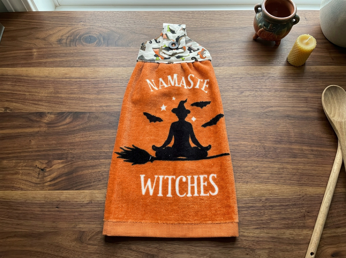 Halloween Handmade Hanging Dishtowel Namaste Witches in White on Orange Towel