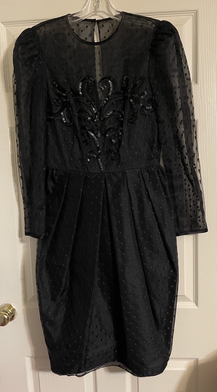 Vtg 1980s Nuit  Dress Women’s 8 Black Dotted Mesh Overlay Sequin Accent Prom