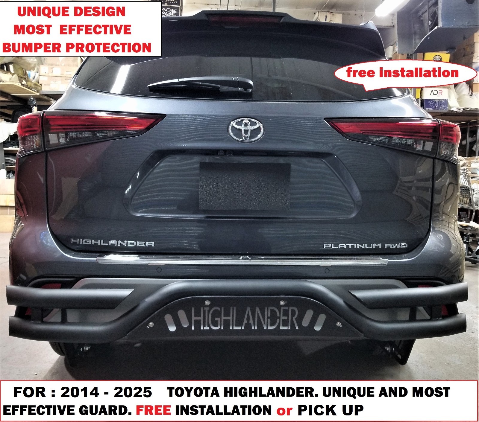 FOR : 2008-2025 TOYOTA HIGHLANDER. BLACK UNIQUE FULLY REAR BUMPER GUARD. FOR : 2008-2025 TOYOTA HIGHLANDER. BLACK UNIQUE FULLY REAR BUMPER GUARD.