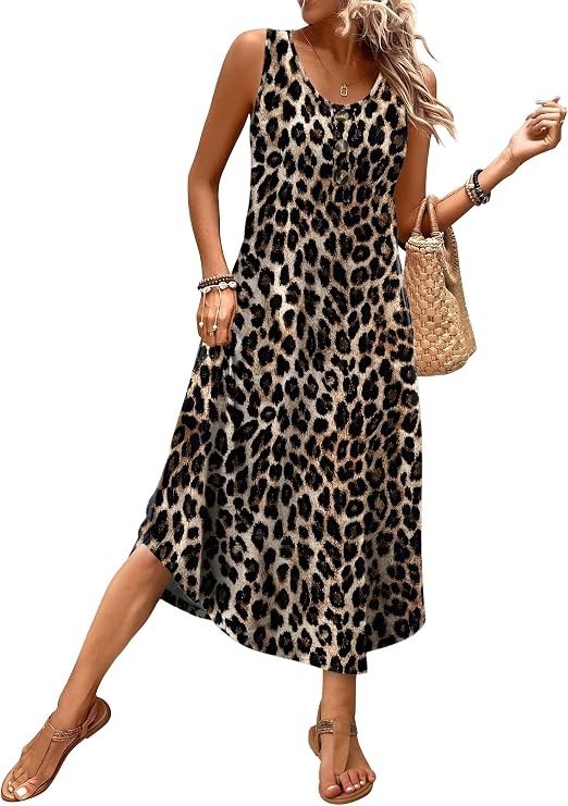 WIHOLL Summer Dress Women\'s Large Cheetah Print Sleeveless Stretch Beach Travel