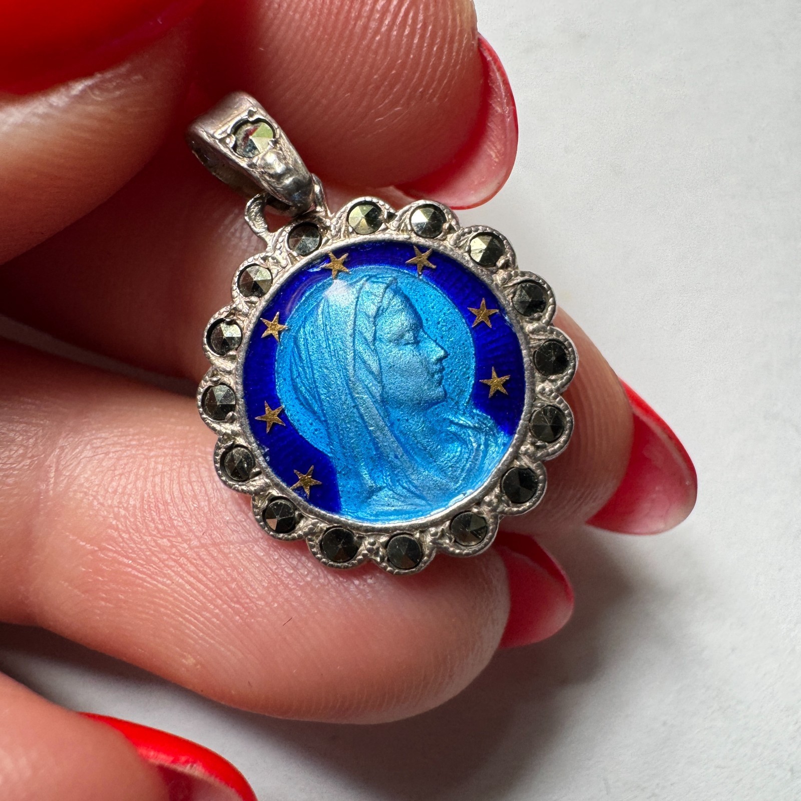 Vintage French Lourdes Virgin Mary Blue Enamel Marcasite Silver Pendant Medal