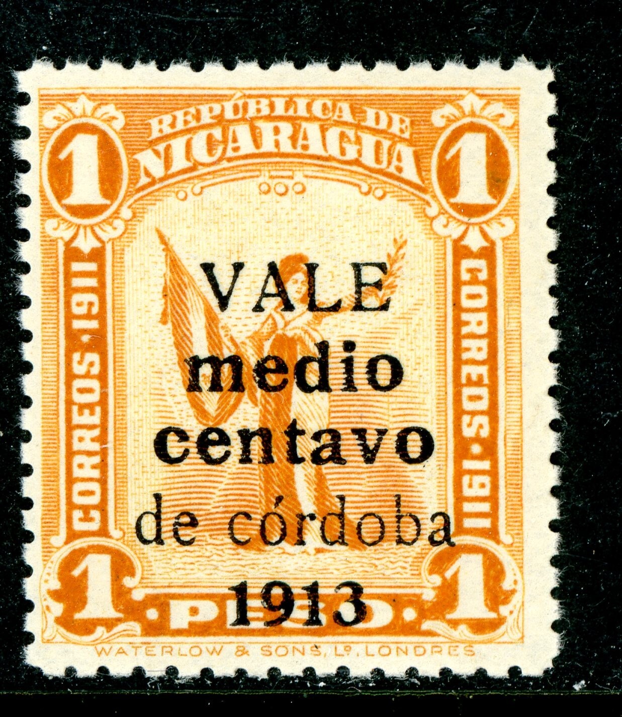 Nicaragua 1913 Liberty ½¢/3¢ Yellow Brown Scott #313 Mint N154 Nicaragua 1913 Liberty ½¢/3¢ Yellow Brown Scott #313 Mint N154