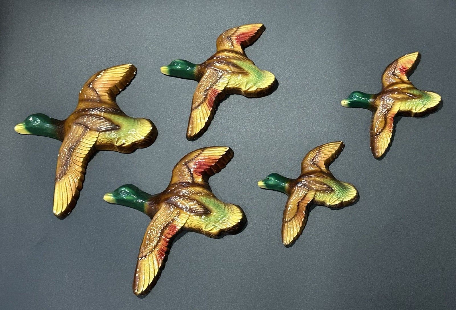 Vintage Favorware Chalkware Duck Mallard Set of 5 Wall Decor MCM Cabin Farm