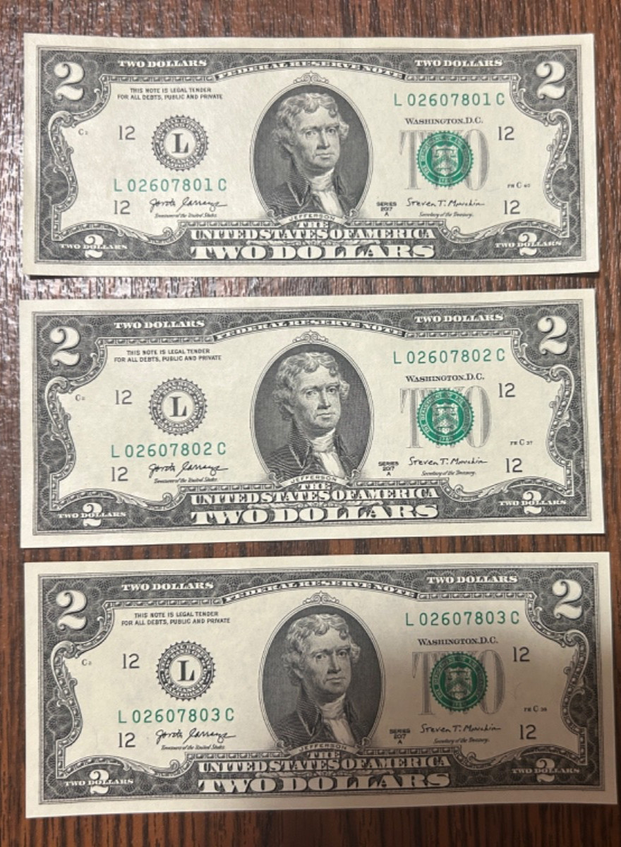 2017A San Francisco $2 Bills Lot of 3 Consecutive Serial Numbers Uncirculated 2017A San Francisco $2 Bills Lot of 3 Consecutive Serial Numbers Uncirculated