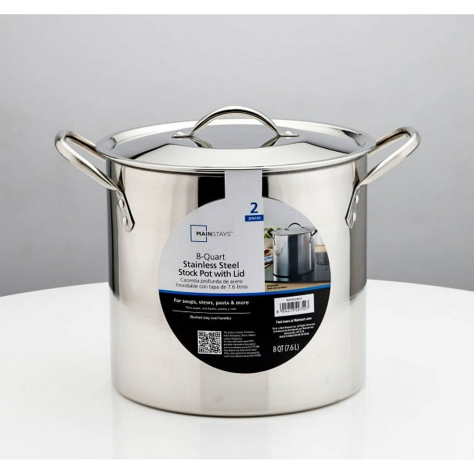Mainstays 8-Qt Stainless Steel Stock Pot with Lid, Durable, Stay-Cool Handles Mainstays 8-Qt Stainless Steel Stock Pot with Lid, Durable, Stay-Cool Handles