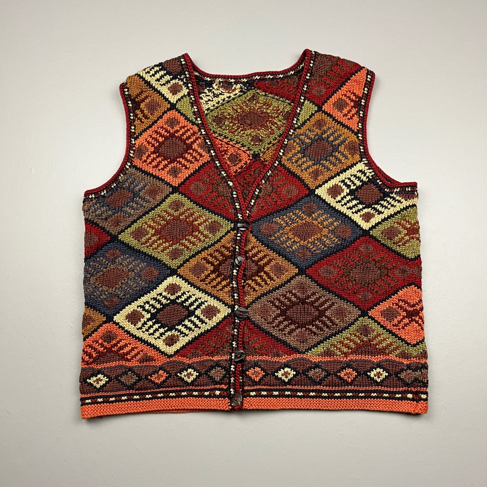 Handmade Knit Sweater Vest Womens M Multi Patchwork Diamond Geometric Vintage