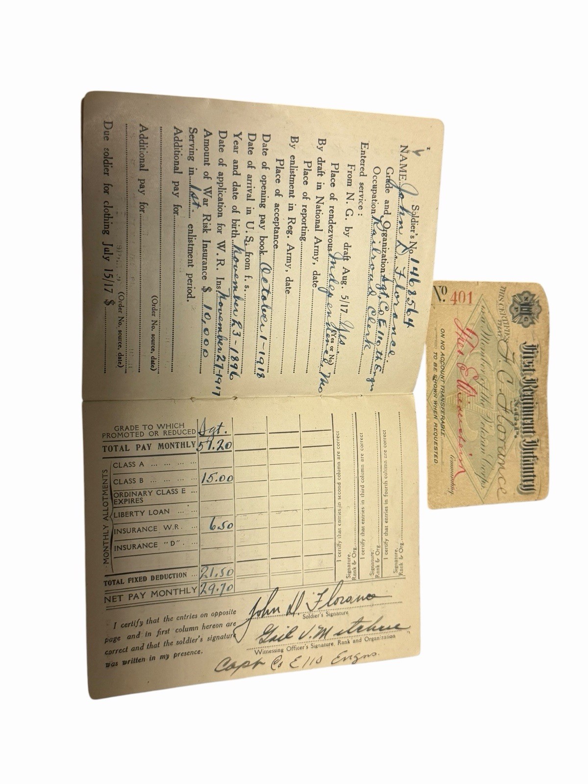 WWI Soldier\'s Individual Pay Record book, with registration card - preserved