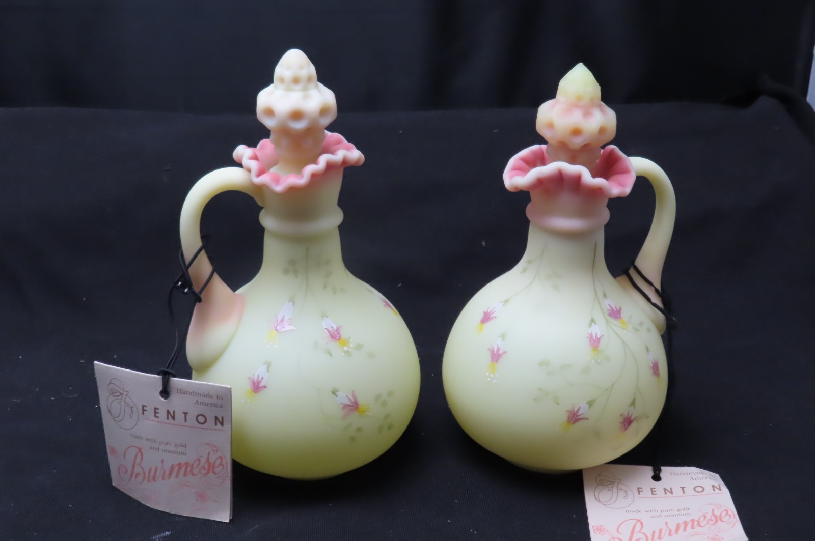 Fenton Burmese Cruet pair  - Hand Painted Cathy L. Still 1990 - Uranium