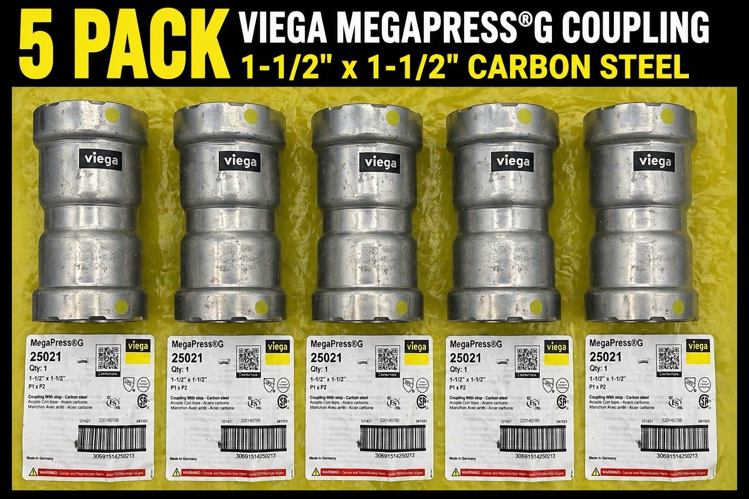 Viega 25021 MegaPress G Coupling w/ Stop Carbon Steel Fitting 1 1/2 X 1 1/2 5 Pk