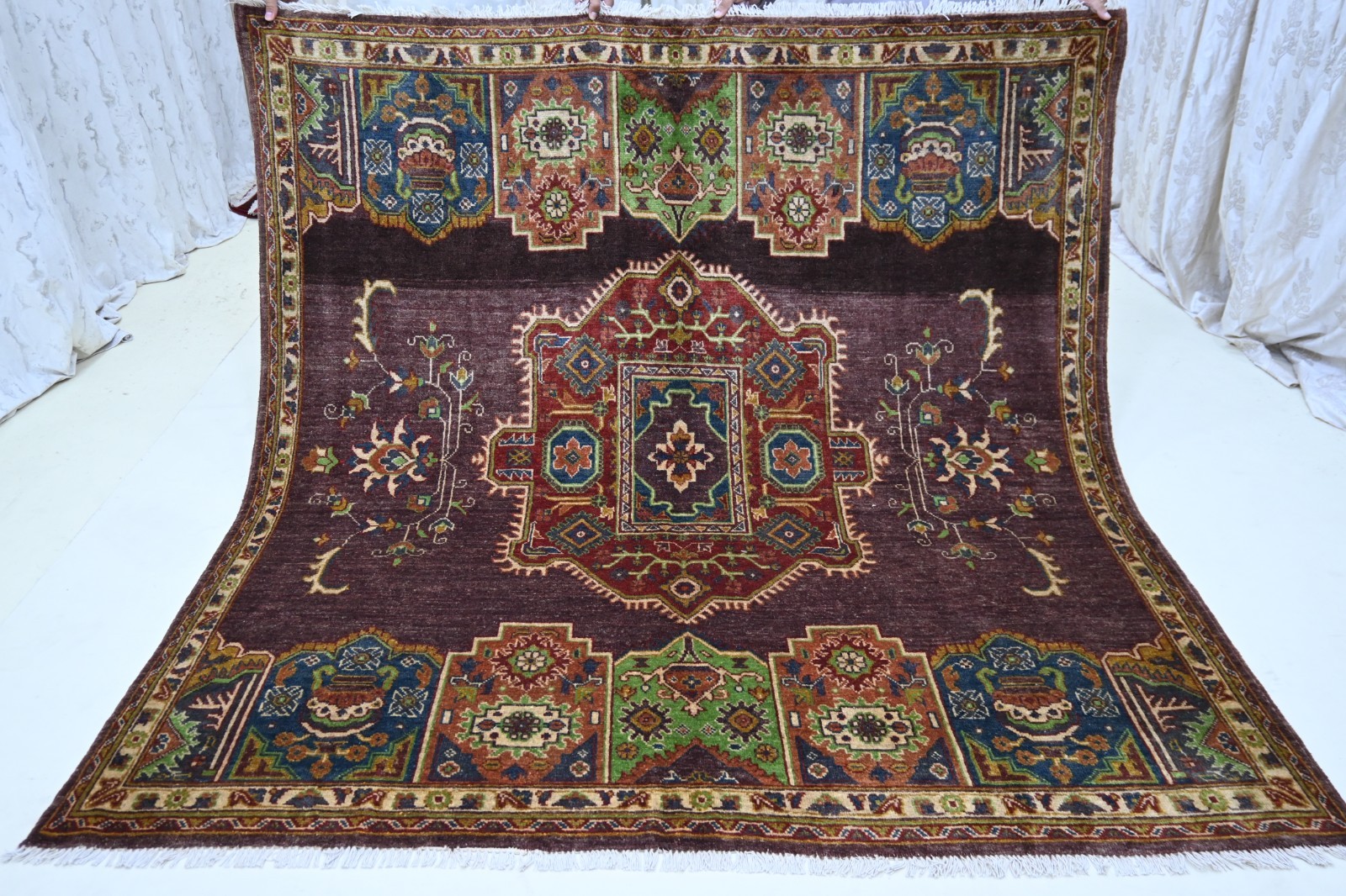 Hand-Knotted Afghan Wool Rug, Vintage Caucasian Medallion, Vegetable Dyes (7x7 f