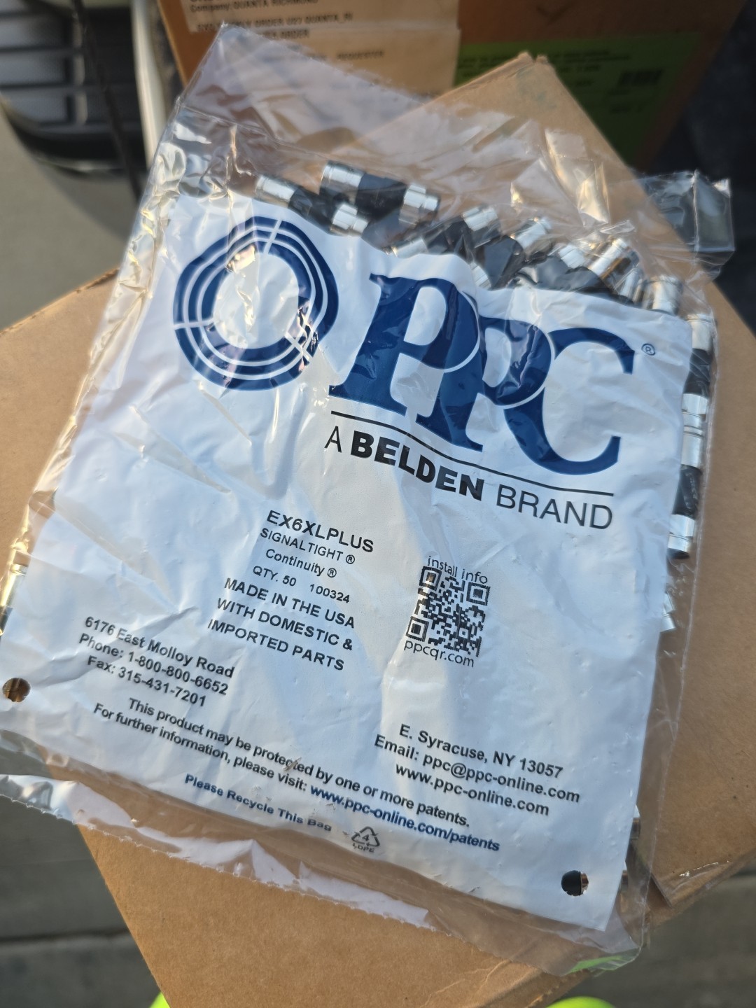 Belden PPC EX6XLPLUS RG6 COAX Coaxial Cable 50 Pack Compression Connectors Belden PPC EX6XLPLUS RG6 COAX Coaxial Cable 50 Pack Compression Connectors
