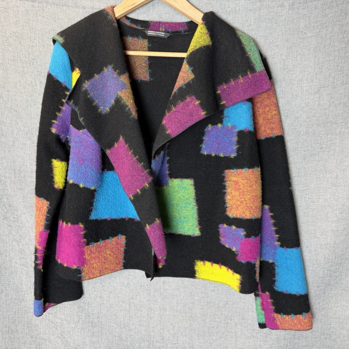 Vintage ANNIKKI KARVINEN XS Wool Jacket HandMade Finland Patch Print Art to Wear Vintage ANNIKKI KARVINEN XS Wool Jacket HandMade Finland Patch Print Art to Wear