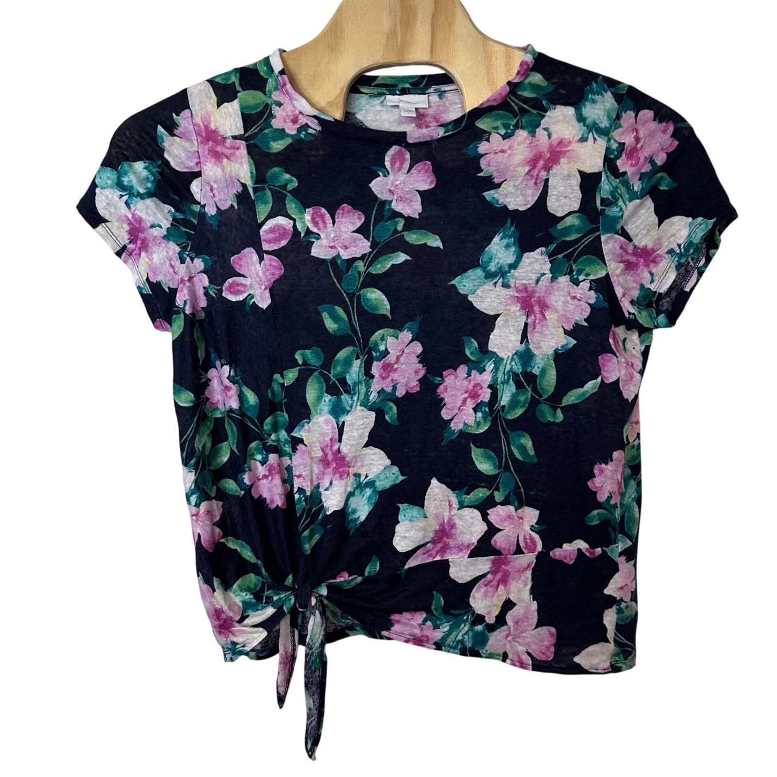 J. Jill Love Linen Floral Short Sleeve Top Size L Front Tie Summer Breathable