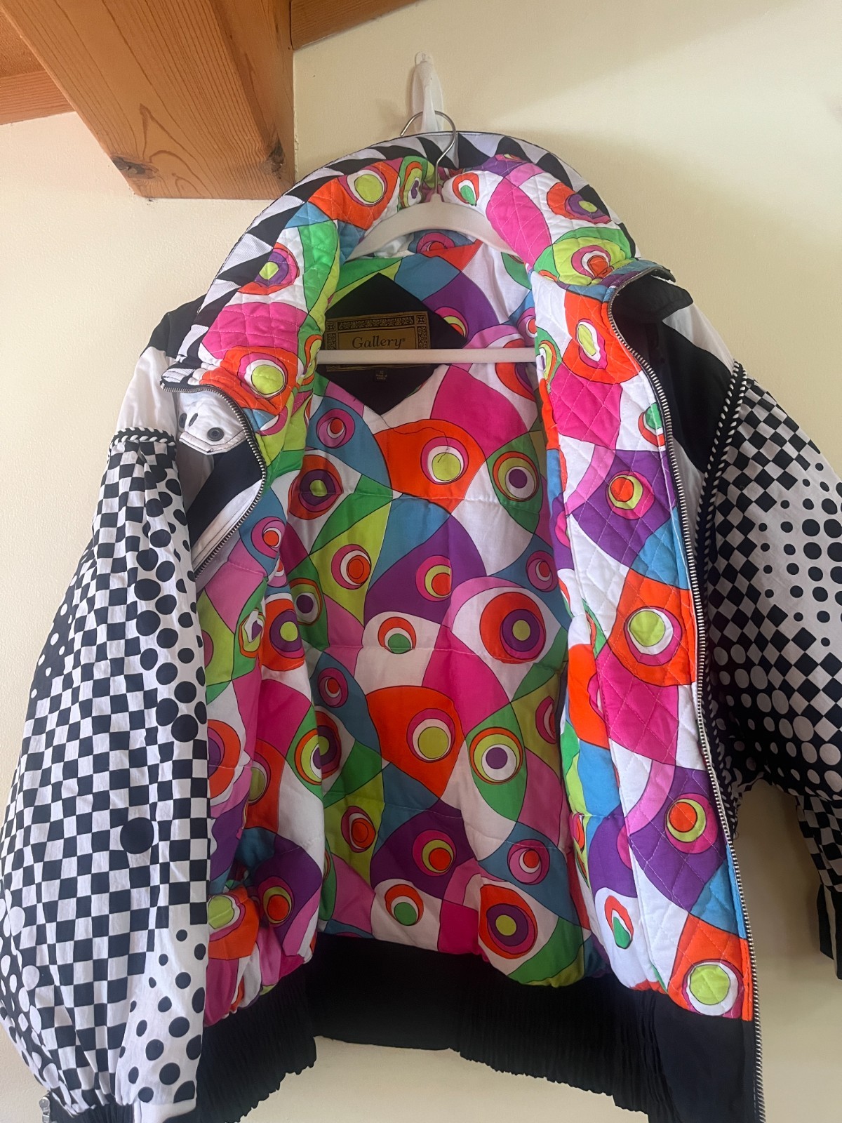 Vintage 80s Gallery Ski Jacket Black White Swirl Op Art Made in Korea S Fits L