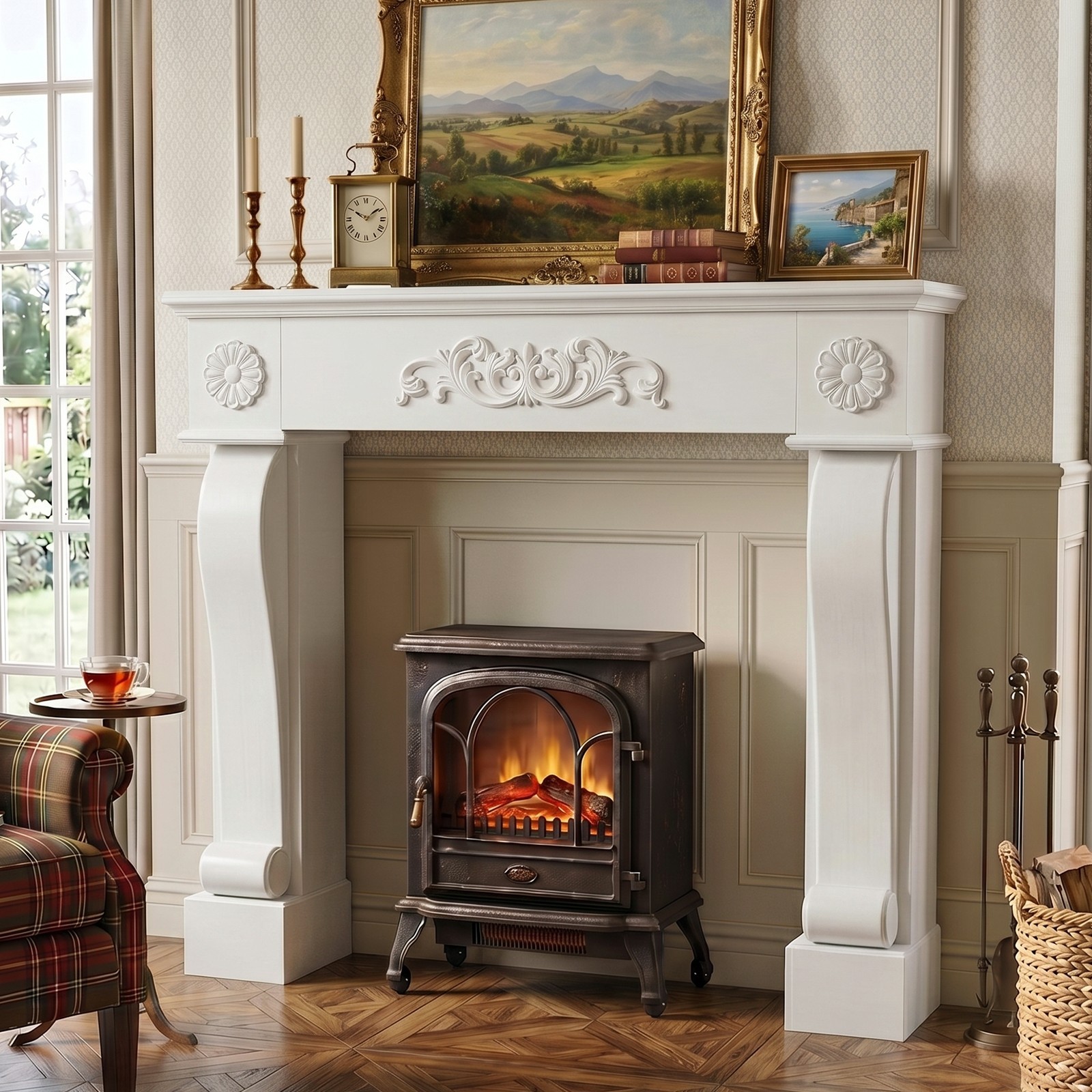Modern Freestanding Fireplace Mantel Surround MDF Fireplace Mantel, Anti-Tipping