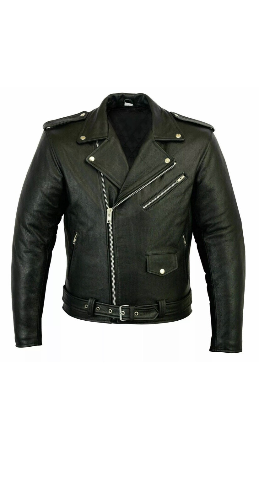 Men's Classic Style Black Genuine Cowhide Leather Motorcycle Biker Jacket Coat