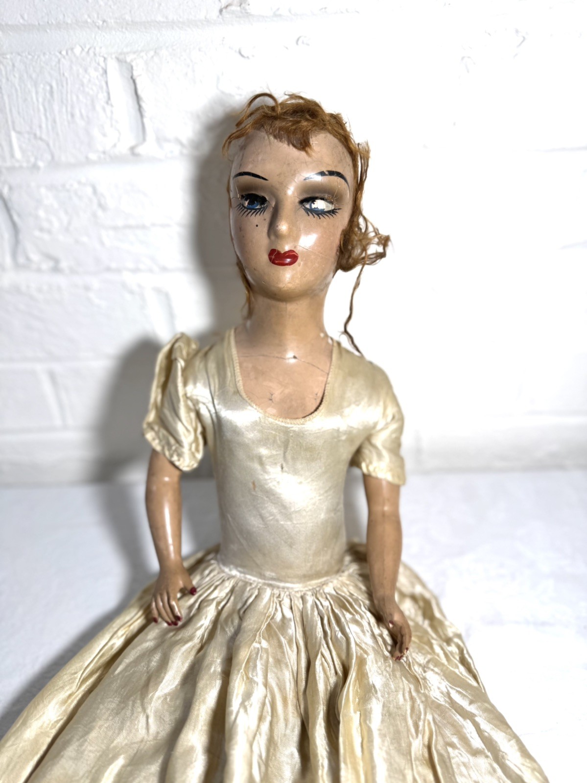 Antique French Boudoir Salon Doll 25” Art Deco 1920s Painted Face Satin Gown 
