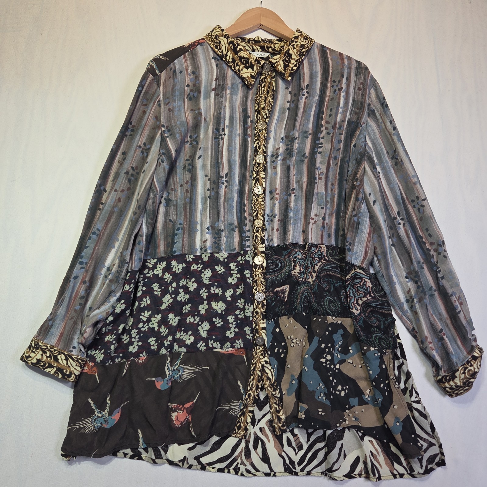 John Mark Womens 2X Boho Patchwork Tunic Shirt Roll Tab Sleeves Button Front