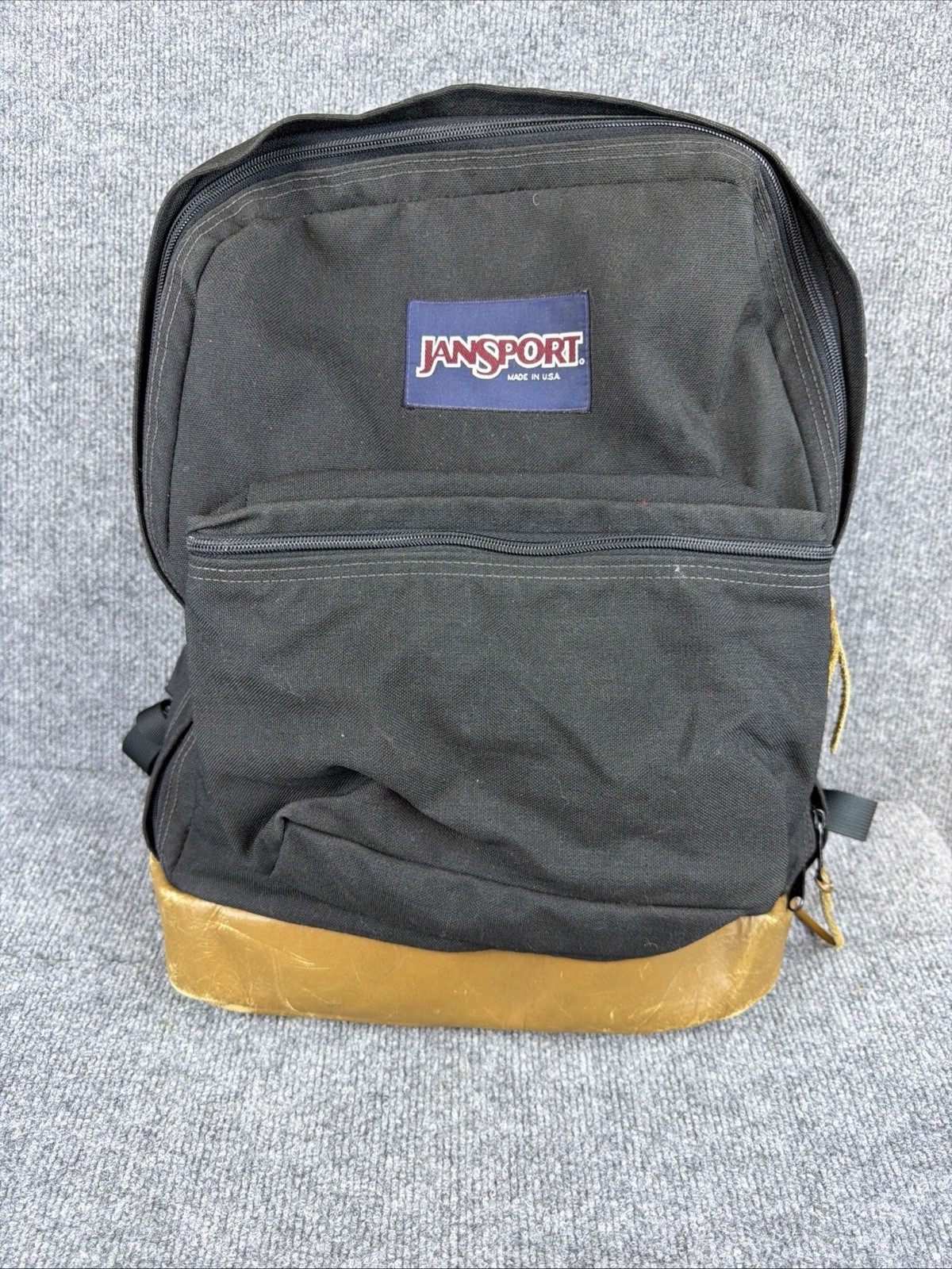 Vintage Jansport Backpack 90\'s Black With Brown Leather Bottom  Made USA
