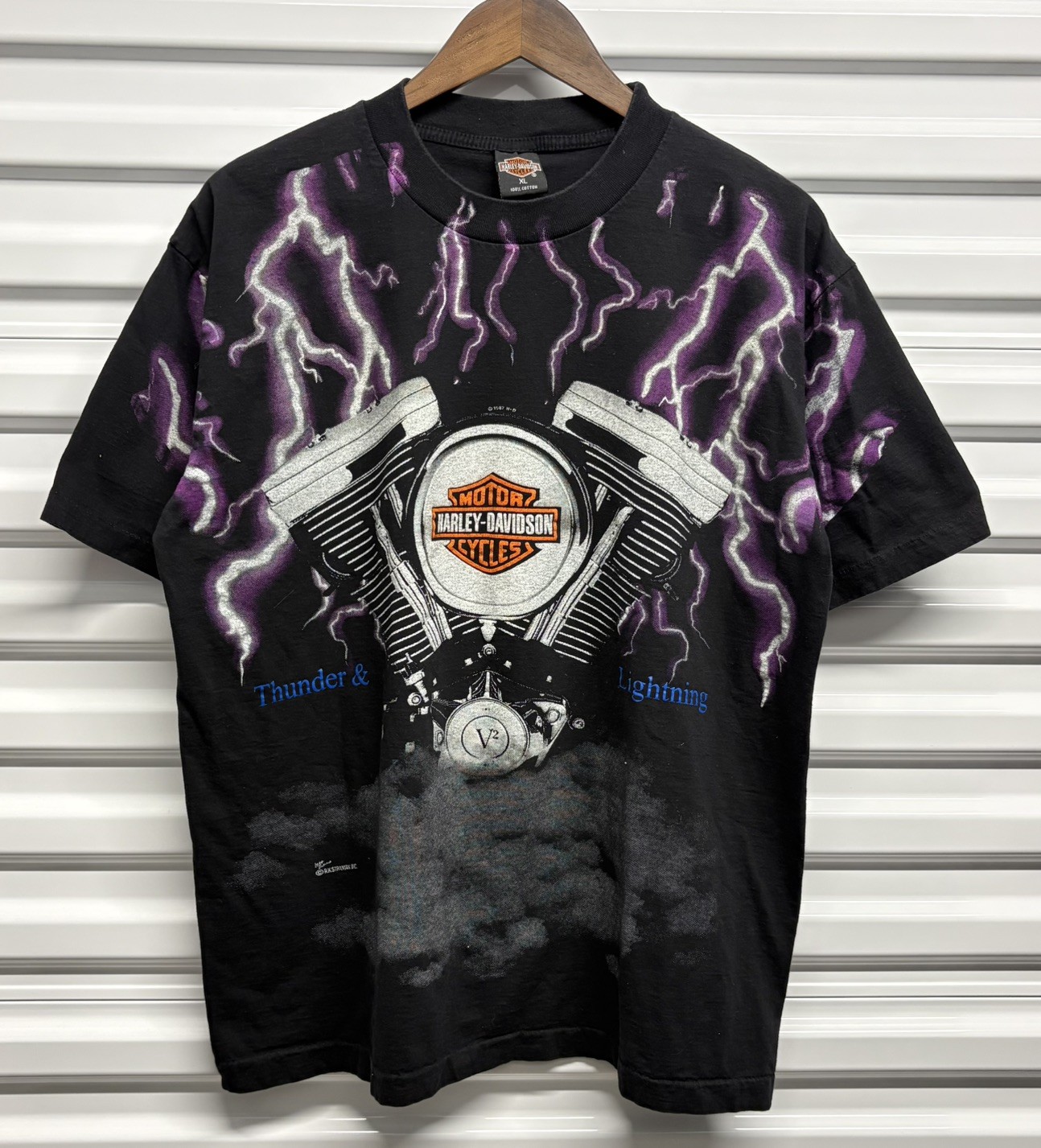 Vintage 1987 Harley Davidson Thunder & Lightning AOP Holoubek Graphic t-Shirt