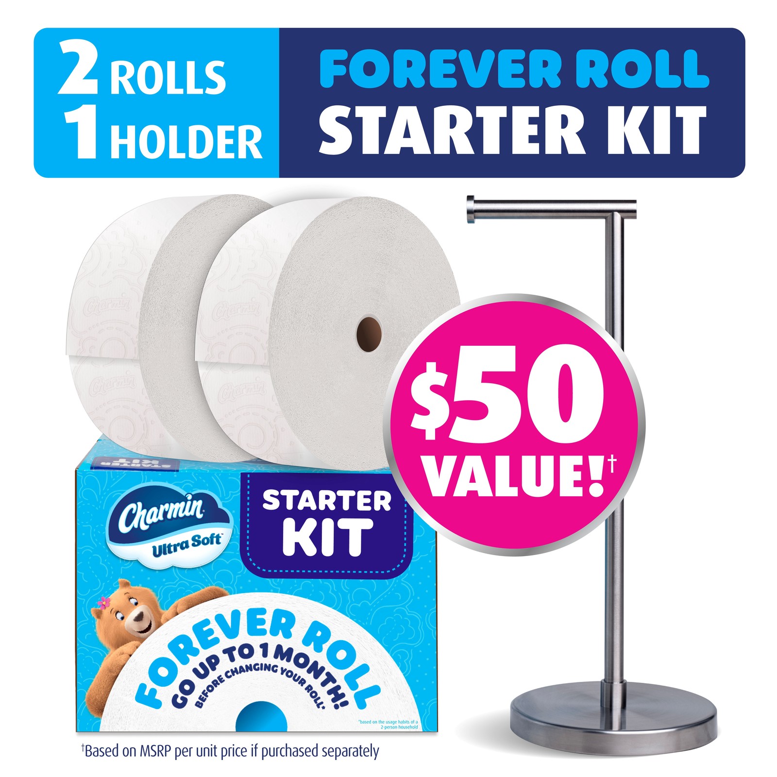 Charmin Ultra Soft Toilet Paper, Forever Roll Starter Kit, 1 Holder, 2 Rolls