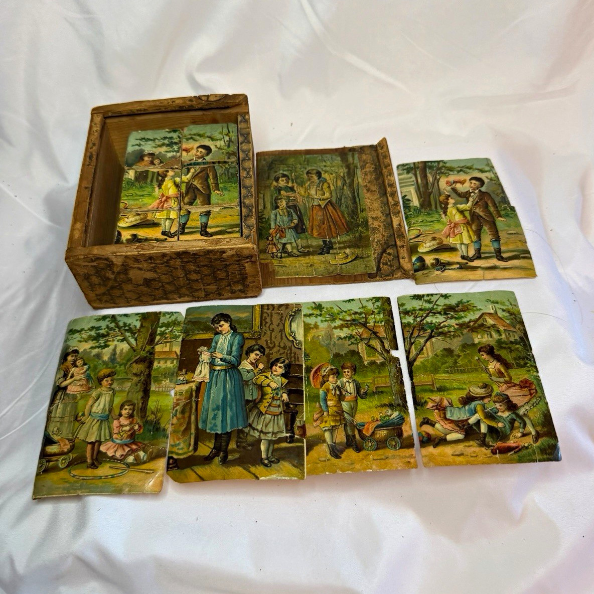 Vintage Early 1900s Wood Cube Picture Puzzle Set w/ 5 Guide Sheets Original Box Vintage Early 1900s Wood Cube Picture Puzzle Set w/ 5 Guide Sheets Original Box