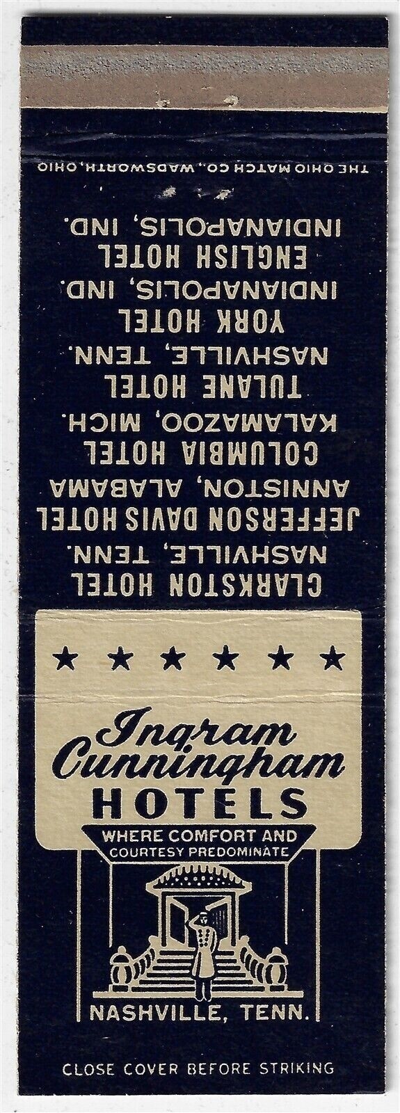 Matchbook Cover Ingram Cunningham Hotels Clarkston Tulane Hotel Nashville Tenn.