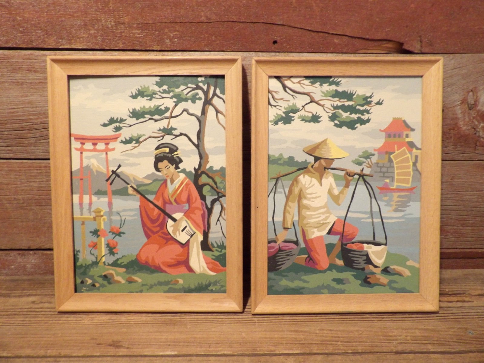 Vintage SET 1950’s Number Painting JAPANESE Musical Lady & Boat Man Framed