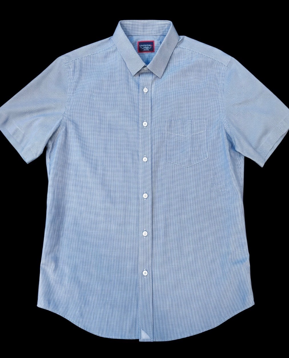Untuck it Mens Button Front Short Sleeve Cotton Blue White Plaid Shirt M