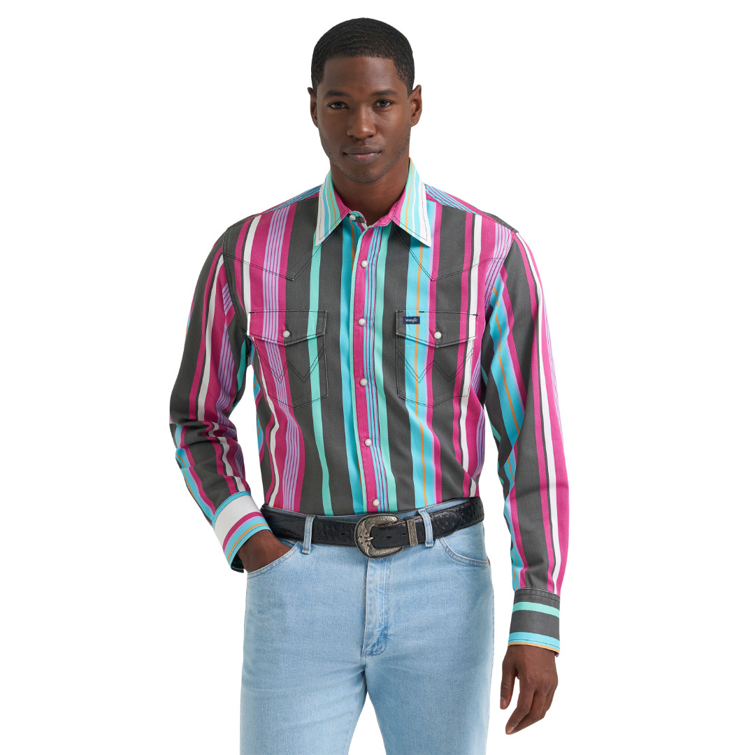 Wrangler Men\'s Vintage Inspired Blue Multi Stripe Snap Shirt 112379230