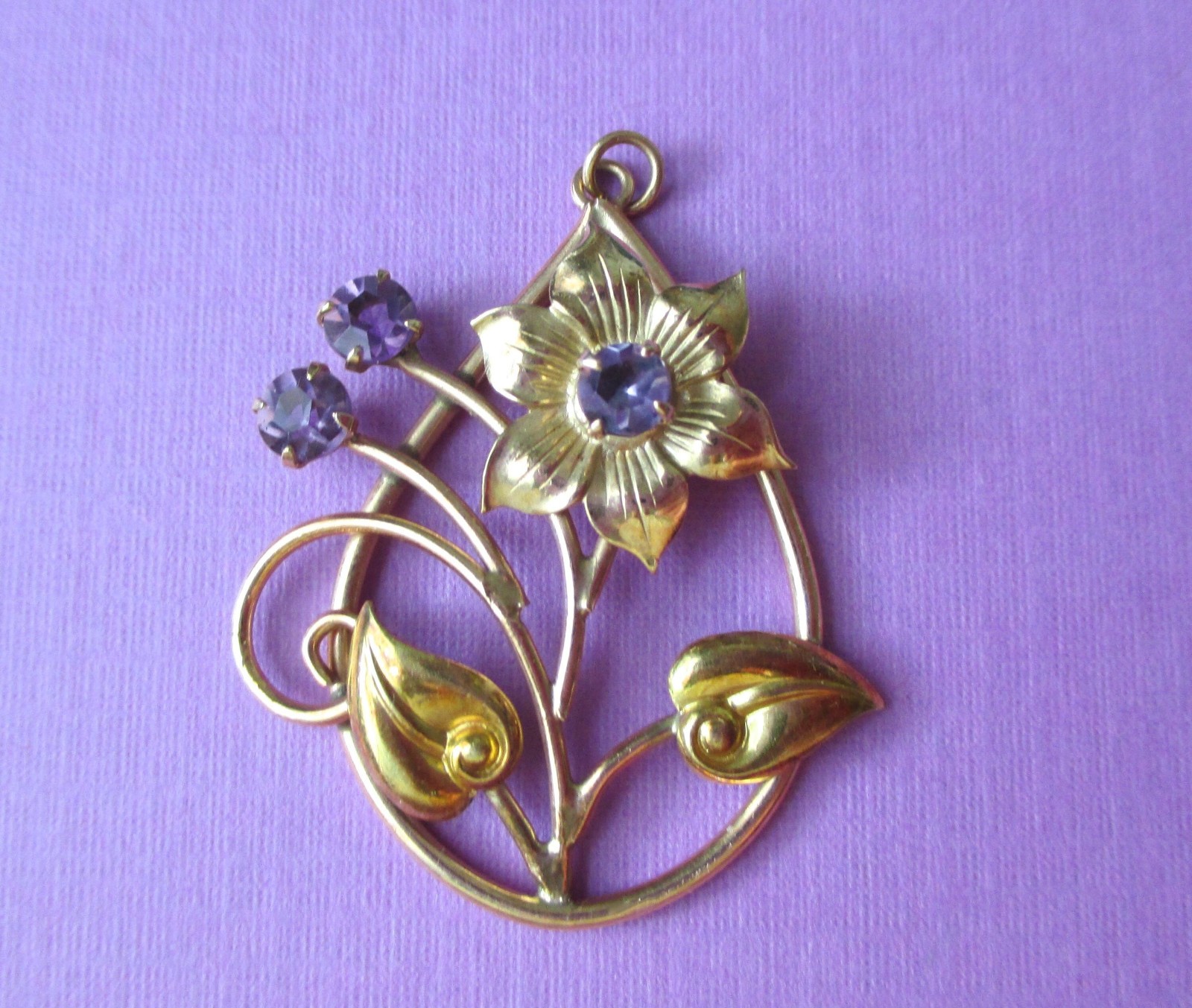Vintage 10K Floral Lavalier Pendant 10KT Flower Pendant Purple Stones