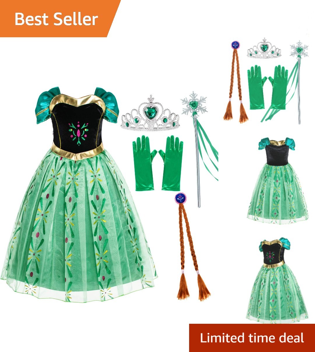 Complete Halloween Princess Costume with Dress, Mace & Wig for Girls 3-4