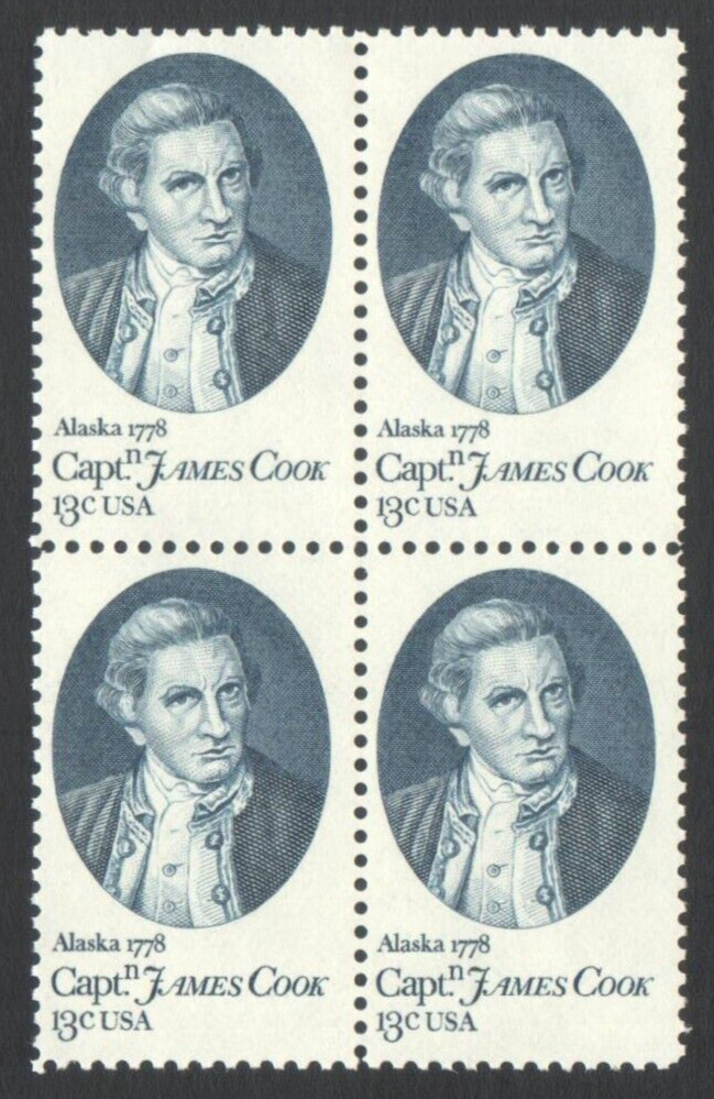 Vintage Unused US Postage Block 13 Cent Stamps ALASKA 1778 Capt.n James Cook