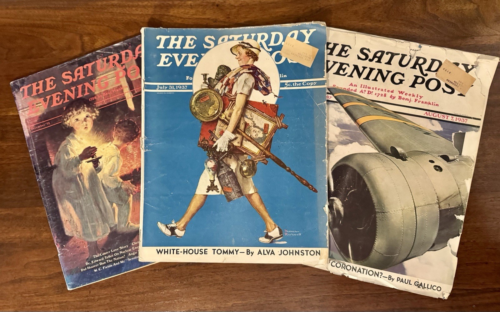 The Saturday Evening Post Vintage 1937 Lot of 3 Magazines Rockwell Grey Johnston