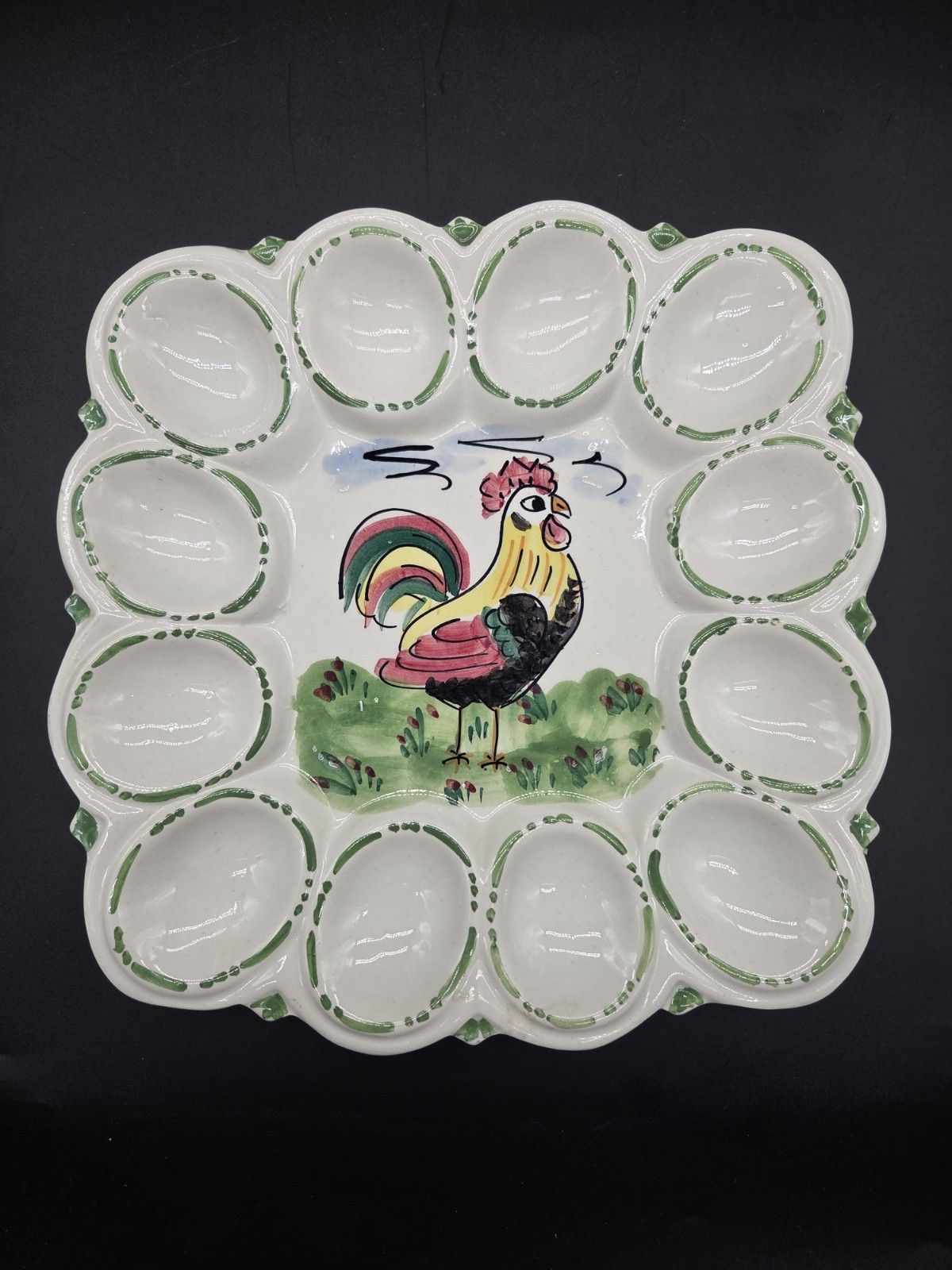 Vintage Italian Hand Painted Rooster Ceramic Deviled Egg Plate Platter Italy
