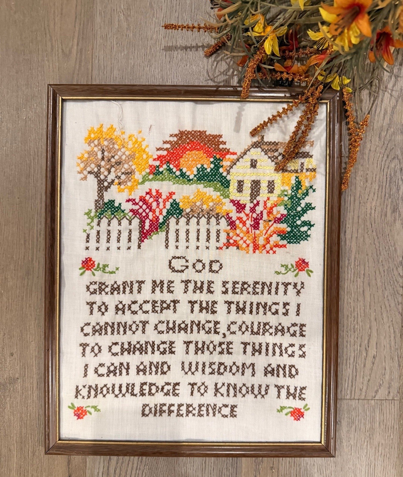 Vintage 1970s Completed ”Serenity Prayer” Cross Stitch Sampler in Original Frame