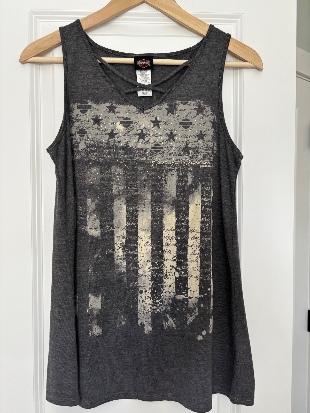 Harley-Davidson Women\'s Distressed American Flag Criss-Cross Tank Top small