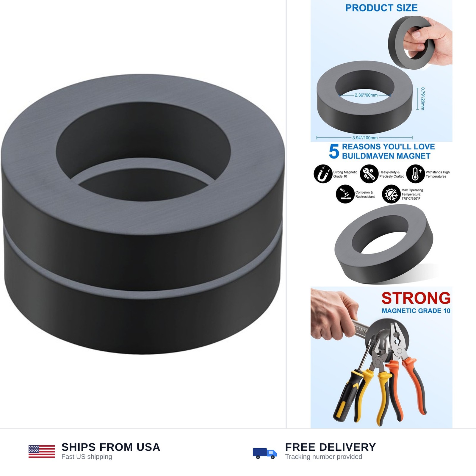 BuildMaven 2pc Large Heavy Duty Ferrite Ring Magnets 4\