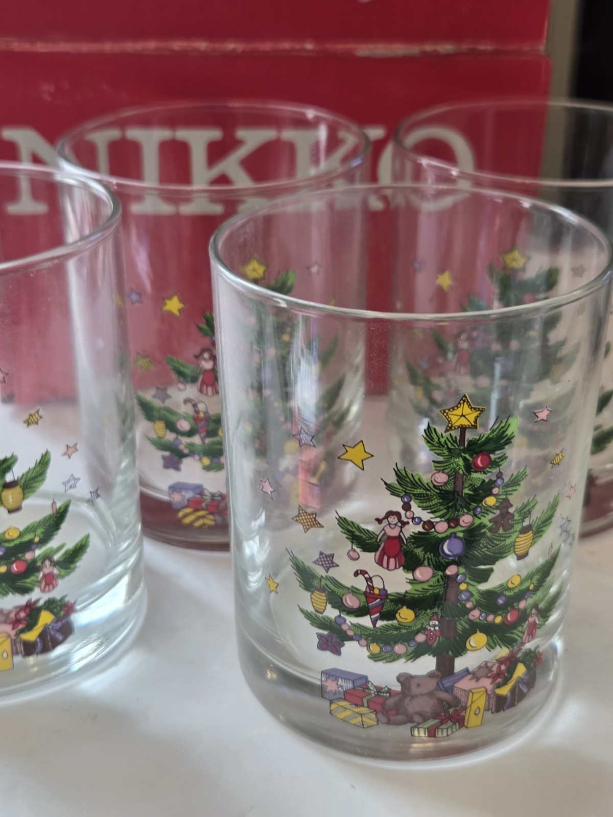 Vintage Nikko Happy Holidays 14 oz Double Old Fashioned Glasses Set of 4 In Box