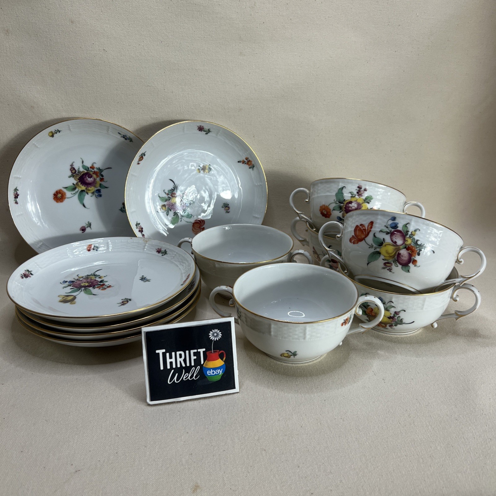 Vintage 12-Pc Nymphenburg Pearl Gold Demitasse Tea Cup/Plate Set Dresden Flowers