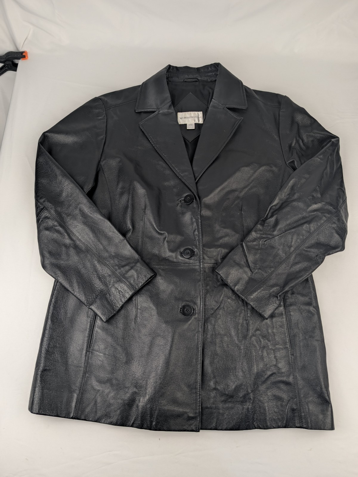Worthington Women\'s XL Black Genuine Leather Long Coat Button Front Vintage 