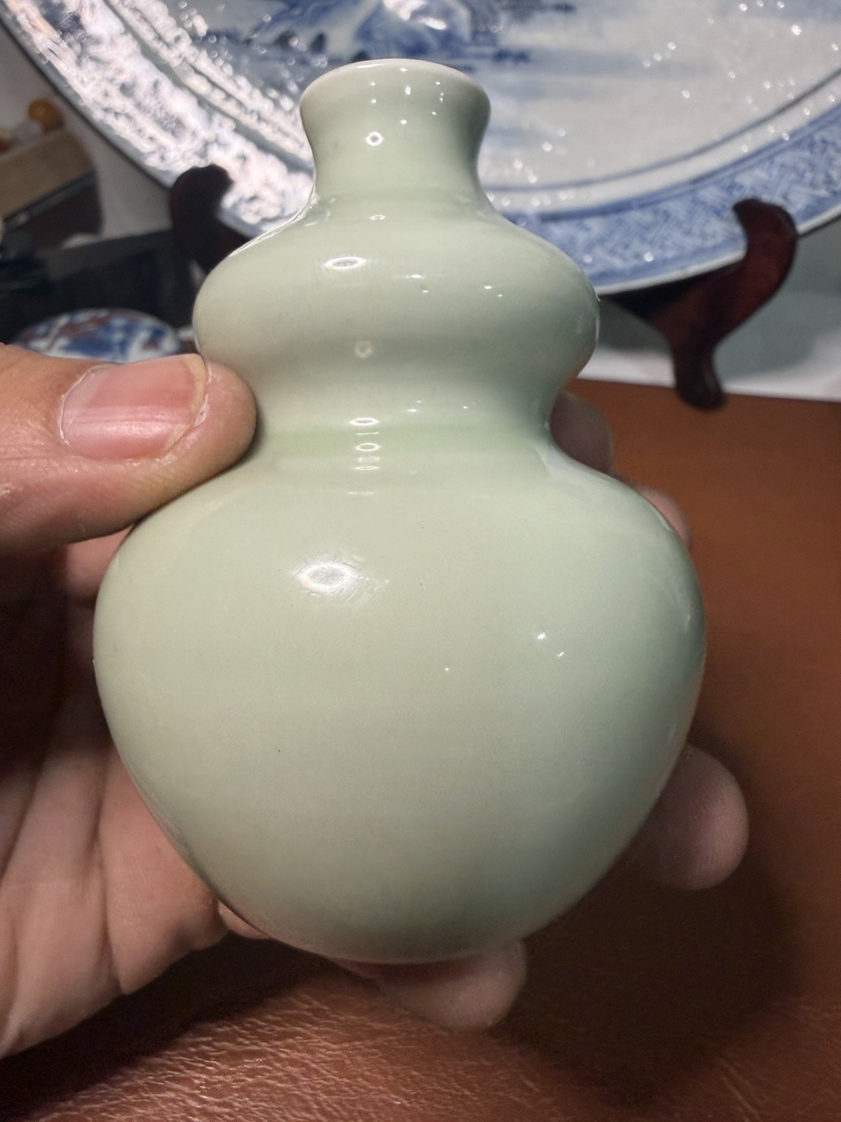 Antique Late Qing Chinese Celadon Glazed Double Gourd Porcelain Vase 19th C Antique Late Qing Chinese Celadon Glazed Double Gourd Porcelain Vase 19th C